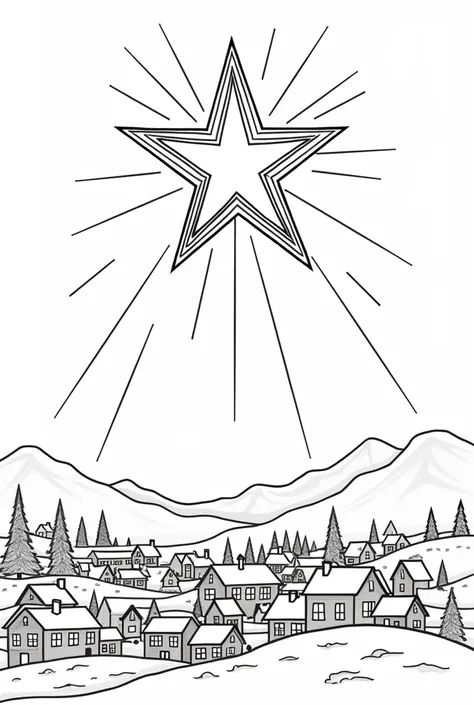 Create for. me simple thick black and white drawing line of size 8.5x 11 inches for my colouring book for s between 3 to s:  A Christmas star shining over a peaceful town