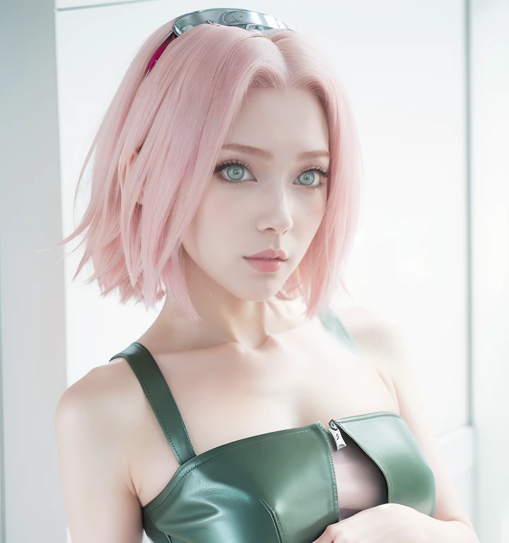 young woman, short shoulder-length pink hair, wide forehead, porcelain skin, pink eyebrows, big emerald green eyes, buttoned nose, full lips, heart-shaped face, slender body, small breasts, leather military green clothing, Sakura Haruno , realistic, Realis...