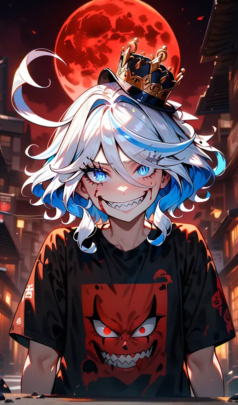 Furina, danger ,solo,crazy evil smile,villain,blood,wearing street wear,sad,highly detailed eyes, highly detailed face, highly detailed background,look at viewer,red moon background