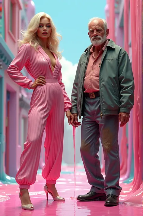 A vibrant, 4D illustration of "Ugly Mugs vs Models" in a melting drip style emits dazzling pastel colors. On the left, a gorgeous blonde bombshell in a pastel pink pleated vinyl outfit strikes a confident pose, while on the right, a disheveled old man, dre...