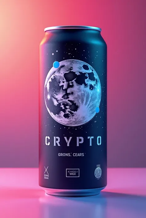 Large surface area Moon, crypto phrase, crypto emblem branding and MOON lettering on an aluminium energy drink can in a bright, youthful colour combination.