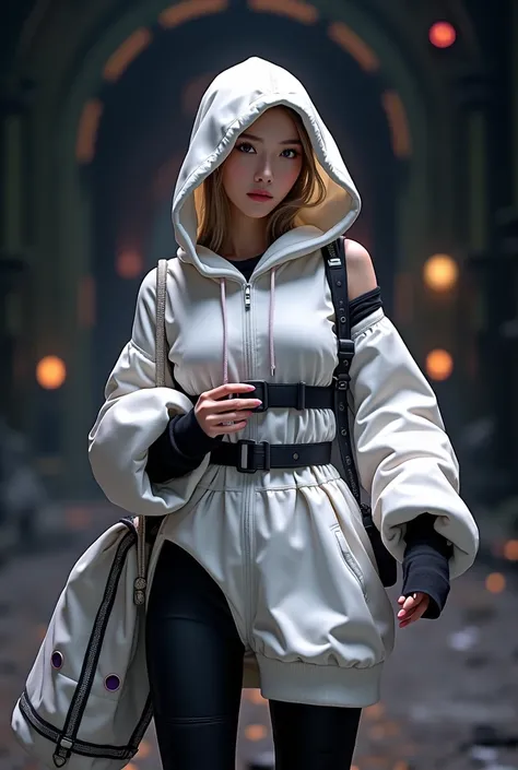 Masterpiece, 4K wallpaper, Masterpiece sci-fi ancient city, fantasy sci-fi, neon glow lights city, ( Subject  ( 1girl, A cute korean women with beautiful hair, wearing an youth stylist oversized hoodie fashion, yellow and black stylist fashion, jumper hood...