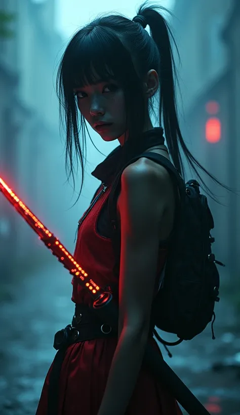 A slender and beautiful 17-year-old cyberpunk kunoichi of Ukrainian nationality, western face, alert active pose, holding an electronically lit laser-like kunai, strong depth of field, strong fog, strong atmosphere. Perspective, Alley, Detailed Texture, Bi...