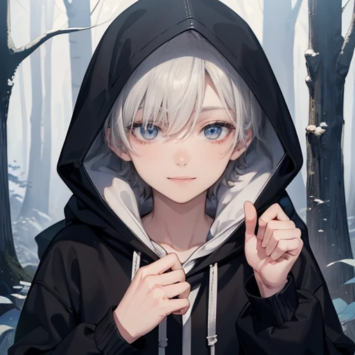 1boy,Alone, boys,Droopy eyes（droopy eyes）, kind older brother,smile, gray hoodie with a female figure ,No hood, perfect face,Background white, stares at viewers in the falling forest, beautiful eyes,