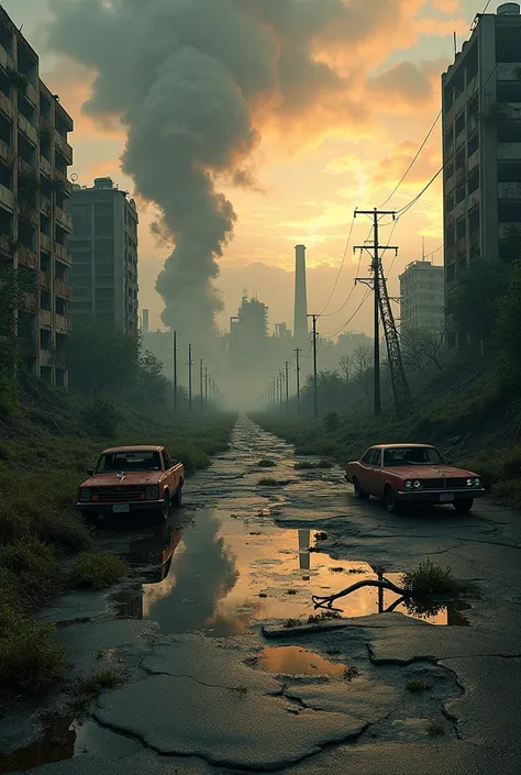  A desolate landscape devastated by time and catastrophe .  The scene shows a ruined city ,  with sloping skyscrapers covered with vines and moss ,  The asphalt on the streets is cracked and full of debris .  Rusty vehicles remain abandoned ,  and pools of...