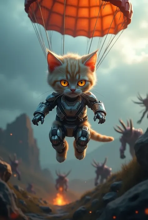 A combat robot kitten jumps from a parachute below, evil monsters 