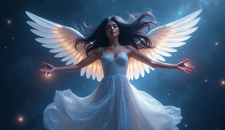 The Chosen One of the Cosmos : An olive-skinned woman ,  long with black and smooth hair that shines like the darkness of space . shes floating,  with open arms and a posture of surrender ,  her silvery-white wings fluid movements that seem to capture the ...