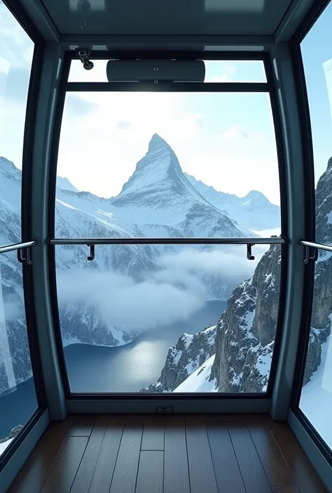  The interior of the Aiguille du Midi gondola, Facing the mountain .  The gondola is empty 