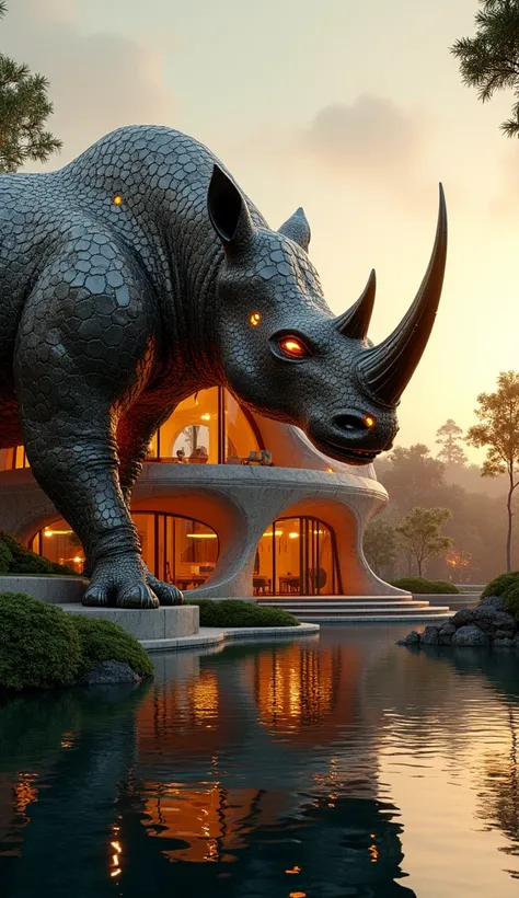 A futuristic mansion with architecture inspired by an ornate  rhino design, intricate metallic patterns, glowing orange lights illuminating the structure, surrounded by lush greenery and a reflective water body, sunset lighting creating a warm golden glow,...