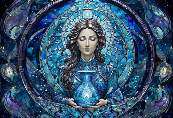 A stained glass depiction of Aquarius, with a celestial figure pouring luminous water from a shimmering urn. The water flows in glowing blues and silvers, forming geometric ripples, while the glass background radiates cosmic purples and golds、A luminous st...