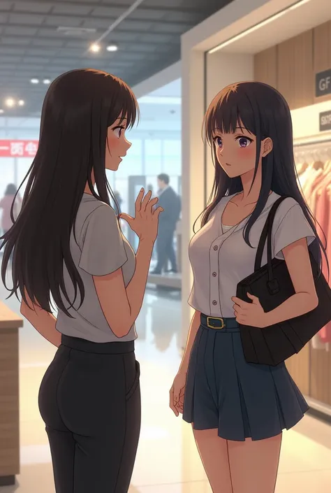 A modern japnese girl in a shopping center arguing with a sexy sales girl