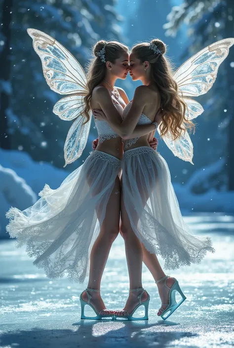 A beautiful dance on ice featuring two sexy enchanting fairies, dressed in glossy dresses, realistic and fantastical atmosphere, ethereal lighting, intricate details, whimsical background, soft glows, elegant poses, magical winter scenery