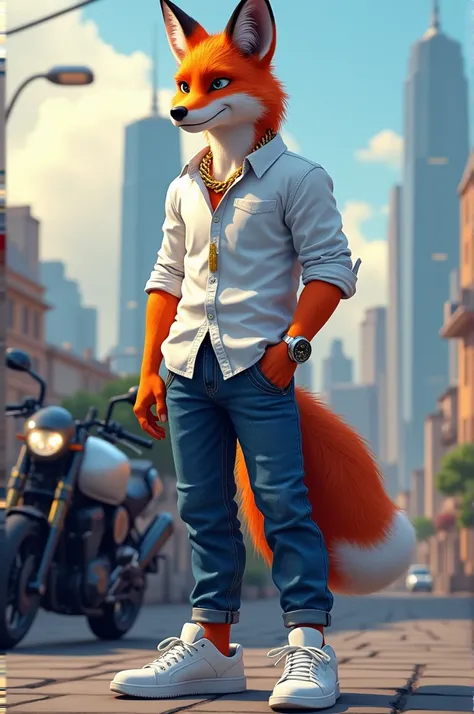  Fox with a human body wearing a white shirt with a gold chain ,  pants jeans and white sneakers with a watch on her arm and ear piercing, In a background with a motorcycle behind in a beautiful city 