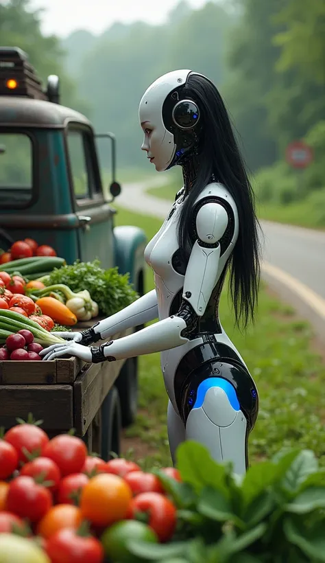 A beautiful robot girl road side vegetable store selling the vegetables  . Robot girl  old pickup truck standing road side. Body glow blue light hair colour is black