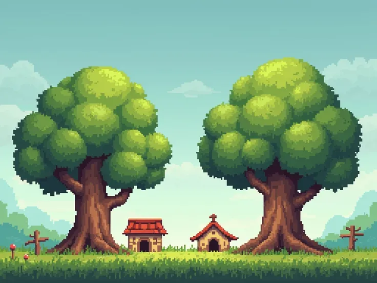  image of a 32-bit pixel art tile set for a 2D platform game.  where it must contain 2 tree models ,  2 house models , Grassy floor . Front orthographic vision. 
