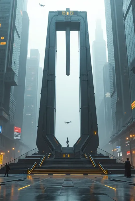 a futuristic guillotine in a plaza