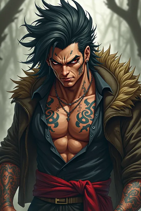 Anime male. The face looks handsome, strong, with fangs, tattoos, and the background is wild