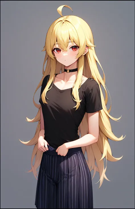 1 girl, solo, long hair, looking at viewer, bangs, blonde hair, skirt, eyebrows showing through hair, red eyes, shirt, very long hair, mouth closed, standing, Seika Ijichi, ahoge , pleated skirt, cowboy Ishot, choker, striped, black shirt, folded arms, bor...