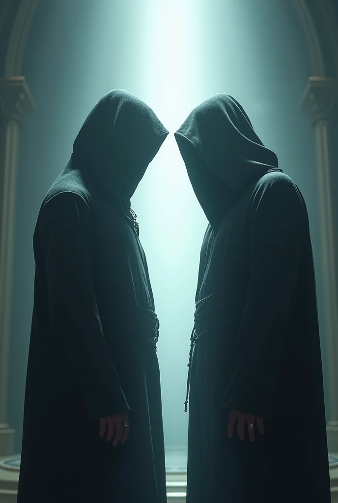 Without showing the face, Hood and Suleiman stand next to each other and a white light is emitted from the face