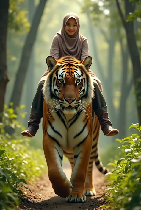 beautiful  girl from Indonesia, smiling, wearing hijab. wearing muslim clothes, riding a giant tiger in the forest, very big tiger, front view, 8k detail