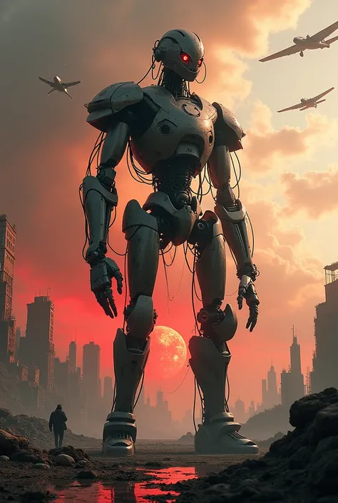 create a real image of a robot made from leftover electronic waste in the background of an apocalyptic landscape of destruction with planes flying in a red sky