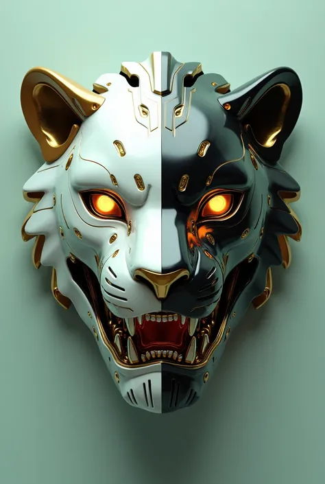  A futuristic robotic lion mask design ,  ultra realistic and highly detailed ,  divided into two symmetrical halves .  The left side of the mask is glossy white with an elegant metallic finish ,  while the right side is glossy black with a polished textur...