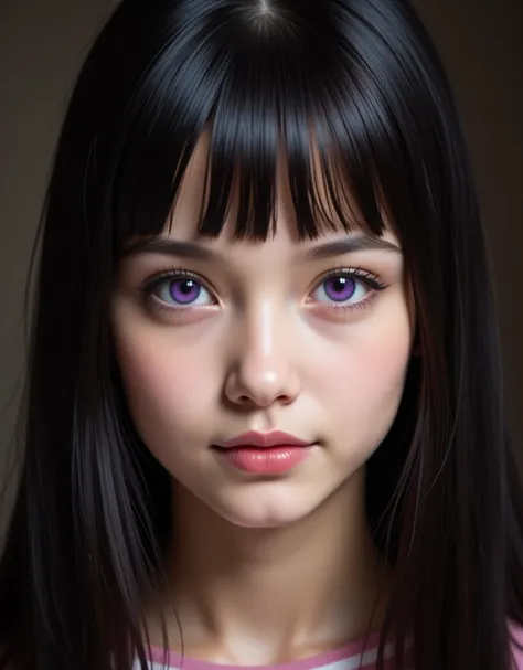 a beautiful young girl, a beautiful teenage girl, portrait, Miss High School Contest 202X Finalists, Photogenic, Highly detailed beautiful face, neat straight bangs arranged horizontally, long black hair, purple eyes, realistic schoolgirl, beautiful detail...