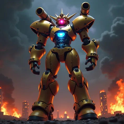 4K, 3D rendering. A massive female humanoid robot is depicted against the backdrop of a dark night sky, surrounded by burning buildings and billowing smoke. The robot wears a heavy and imposing armor primarily in gold and brown tones, exuding dignity and p...