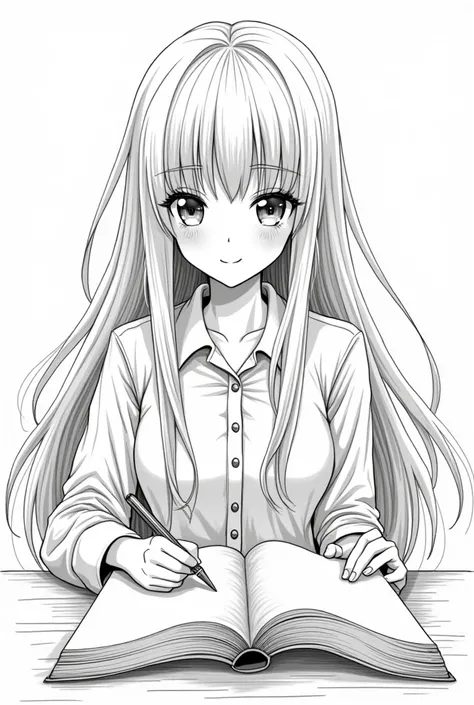  I want a long-haired woman with bangs , big eyes with big lashes ,  writing in a book with a pen of,  dressed in a dress shirt and a pleated school skirt, with a sweet smile on her face ,  concentrated looking at the book , to color, In black and white