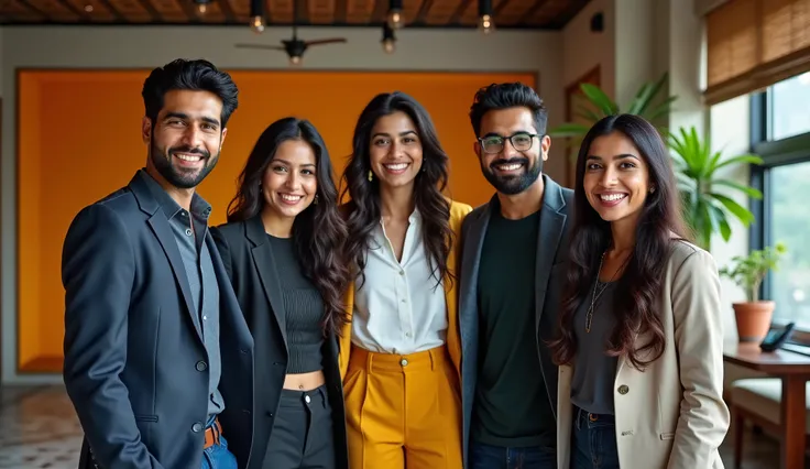 Modern team of good-looking Indian professionals in a creative office environment, standing confidently and showcasing teamwork, with a stylish and professional Indian office background