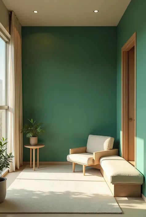 make a picture of a live studio room with a 3x3 building area I want an elegant and aesthetic minimalist room and emerald green with a mix of bagie colors