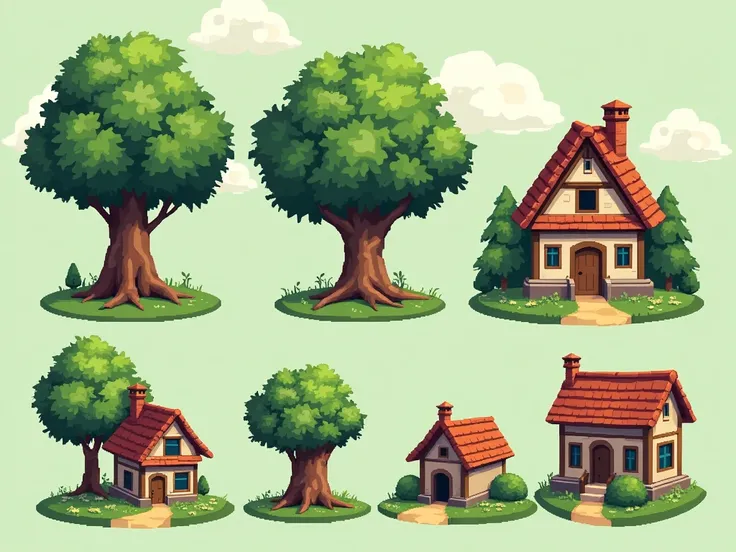  image of a 32-bit pixel art tile set for a 2D platform game.  where it must contain 2 tree models ,  2 house models , Grassy floor . Front orthographic vision. 
