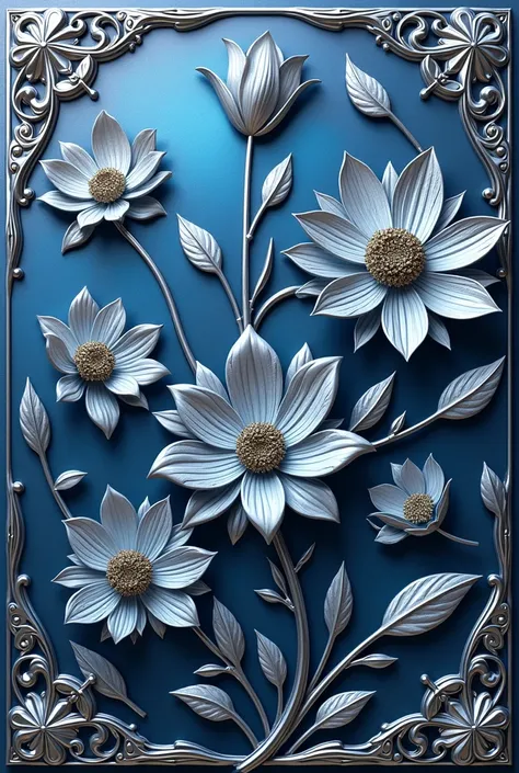 a close up of a metal plate with flowers on it, vector art by Kanō Tanyū, instagram, art nouveau, silver and blue colors, blue and silver colors, beautiful design, mirror and glass surfaces, blue and silver, vector art panel for cnc plasma, elegant design,...