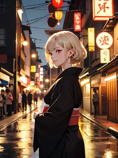        black hair short、Wearing a kimono、Go to the first pilgrimage、    change the color of her eyes to brown   、   brown eyes  、cute、   long brown hair 、   dark-haired girl     、  smile       、albino, blondes,       , ,       night lighting        ((8k, ....