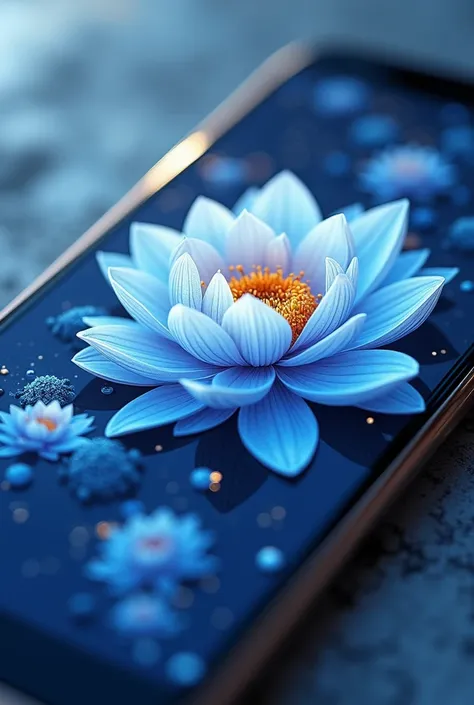 a close up of a cell phone with a picture of a flower, vector art by Kanō Tanyū, instagram, art deco, elegant design, magnificent design, silver and blue colors, stunning design, beautiful design, blue and silver colors, modern design, digital art h 9 6 0,...