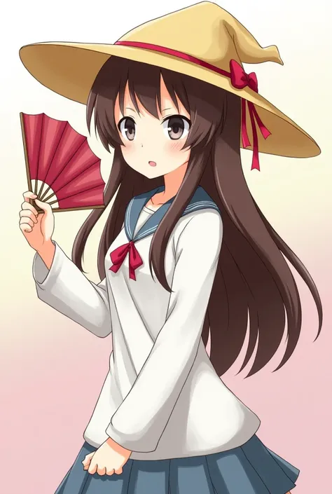 an anime character holding a fan with long hair and a straw hat on, 1girl, hat, solo, looking at viewer, red ribbon, ribbon, witch hat
1 girl, solo,iseri suzune(girls band cry), parted bangs,long hair,brown hair,grey eyes,