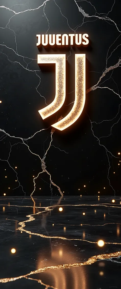 "Design a 3D wallpaper with the Juventus FC crest, blending elegance and modernity. The crest should stand prominently against a backdrop of sleek black marble veined with glowing white cracks. Incorporate floating golden particles around the crest, emphas...