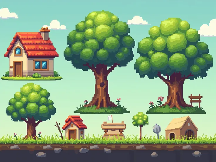  image of a 32-bit pixel art tile set for a 2D platform game.  where it must contain 2 tree models ,  2 house models , Grassy floor . Front orthographic vision. 
