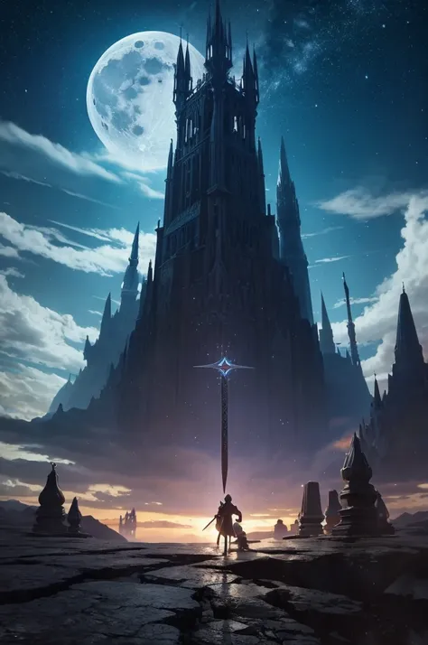 Scenery of a fantasy world looking up at a giant sacred sword being pierced by the moon floating in the sky from Earth