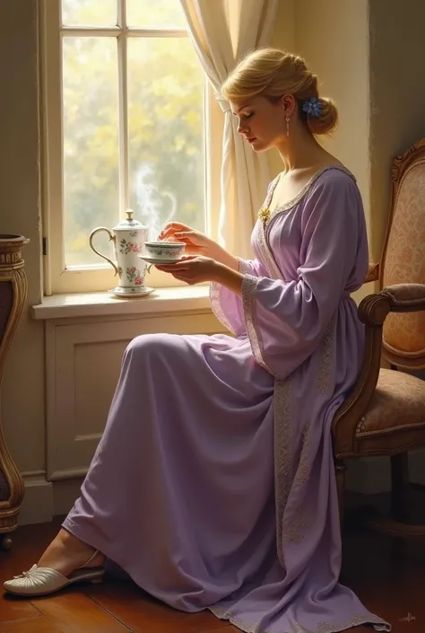 A 19th century style painting of a blonde woman at dawn pouring a cup of tea, in a light purple gown, slippers and robe 