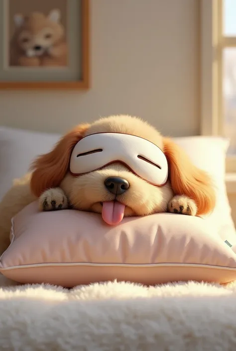 a dog sleeping on a pillow with its tongue out, the dog is wearing sleeping eye patches, on its sides