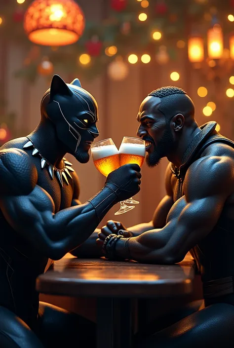  Black Panther and Namor, da Marvel, Drinking a beer at the bar, celebrating christmas. 