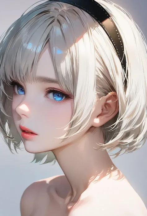 {(masterpiece,best quality, 16K portrait, UHD, extremely detailed the work, detailed beautiful face and eyes and skin and hair)} BREAK {1 adult-woman,(2B of Nier-Automa:1.2), (pale-off-white colored hair:1.4, short cut hair),(very small Almond-shaped eyes:...