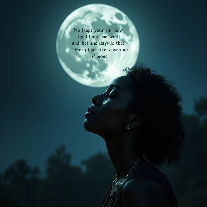  A black woman with tears in her eyes crying while looking at the moon which has a sentence THE MOON inside it