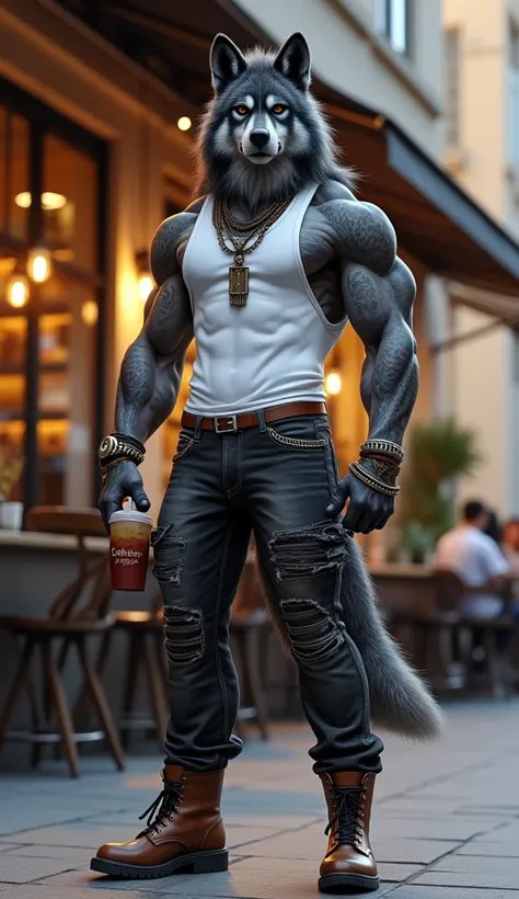 
"Create a hyper-realistic, full-body depiction of a muscular anthropomorphic wolf with detailed fur. The wolf is standing casually in front of a modern coffee shop, holding a drink in one hand. It is wearing a white tank top, ripped dark gray jeans with c...