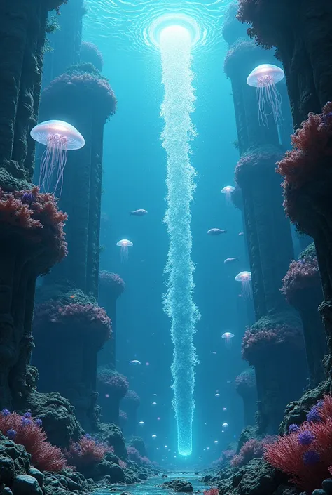 "Best art hyperealistic, HDR, UHD, 5D, cinematic of stunning An otherworldly underwater city where ancient ruins merge with futuristic technology. Giant glowing jellyfish float above a network of coral-encrusted skyscrapers, while bioluminescent fish swarm...