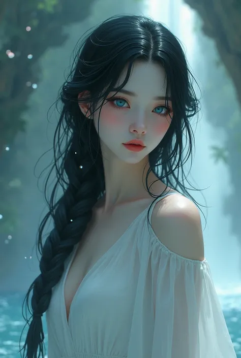 White ghost woman with long black hair in a single braid, seawater blue eyes, looks sweet and shy, perfect.