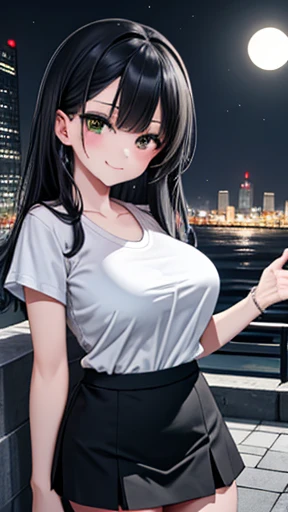 (8k、  highest image quality taken by Ki 、 top quality 、masterpiece)、 detailed face 、 One Girl 、Improve、 black hair、 long hair、 wave hair、 gray eyes、 Evil Smiles 、((Green))、 Big Breasts 、(( white shirt))、 clevis on a stone、Short sleeve、(( miniskirt))、 cowbo...