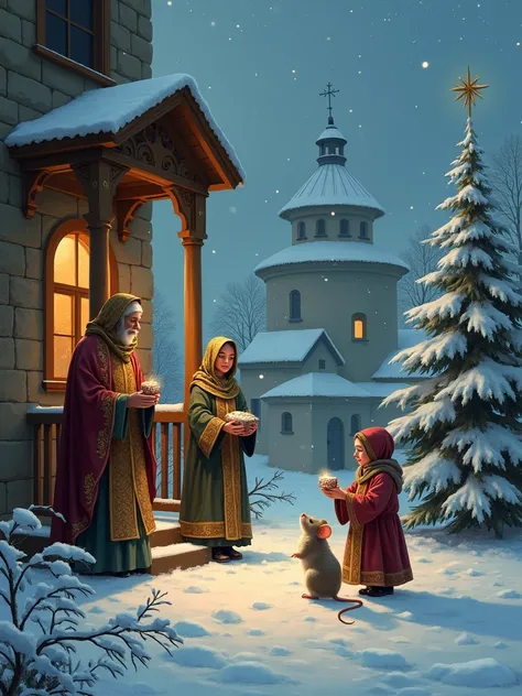 winter.  christmas . Orthodox Church, with domes and crosses.  snow . They are standing on the porch:  Orthodox priest ,  queen,  an eight-year-old girl are standing on the porch ,  Duke and Duchess .  A priest holding the gifts of the Magi in her hands.  ...