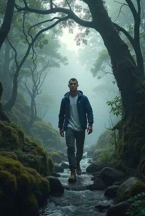 Journey to the Source

Image description: Cristiano Ronaldo treks through a dense, misty forest, following the river upstream to its source. He wears the same navy blue jacket, white shirt, and dark grey pants. The forest is dark and mysterious, with twist...